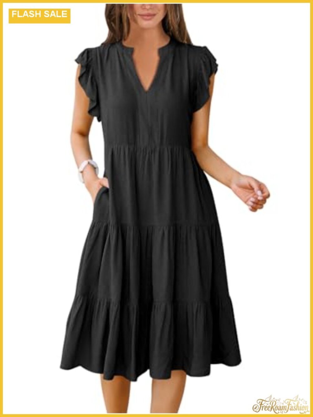 Womens Summer Midi Dress V Neck Ruffle Sleeve Casual Tiered Swing Dress
